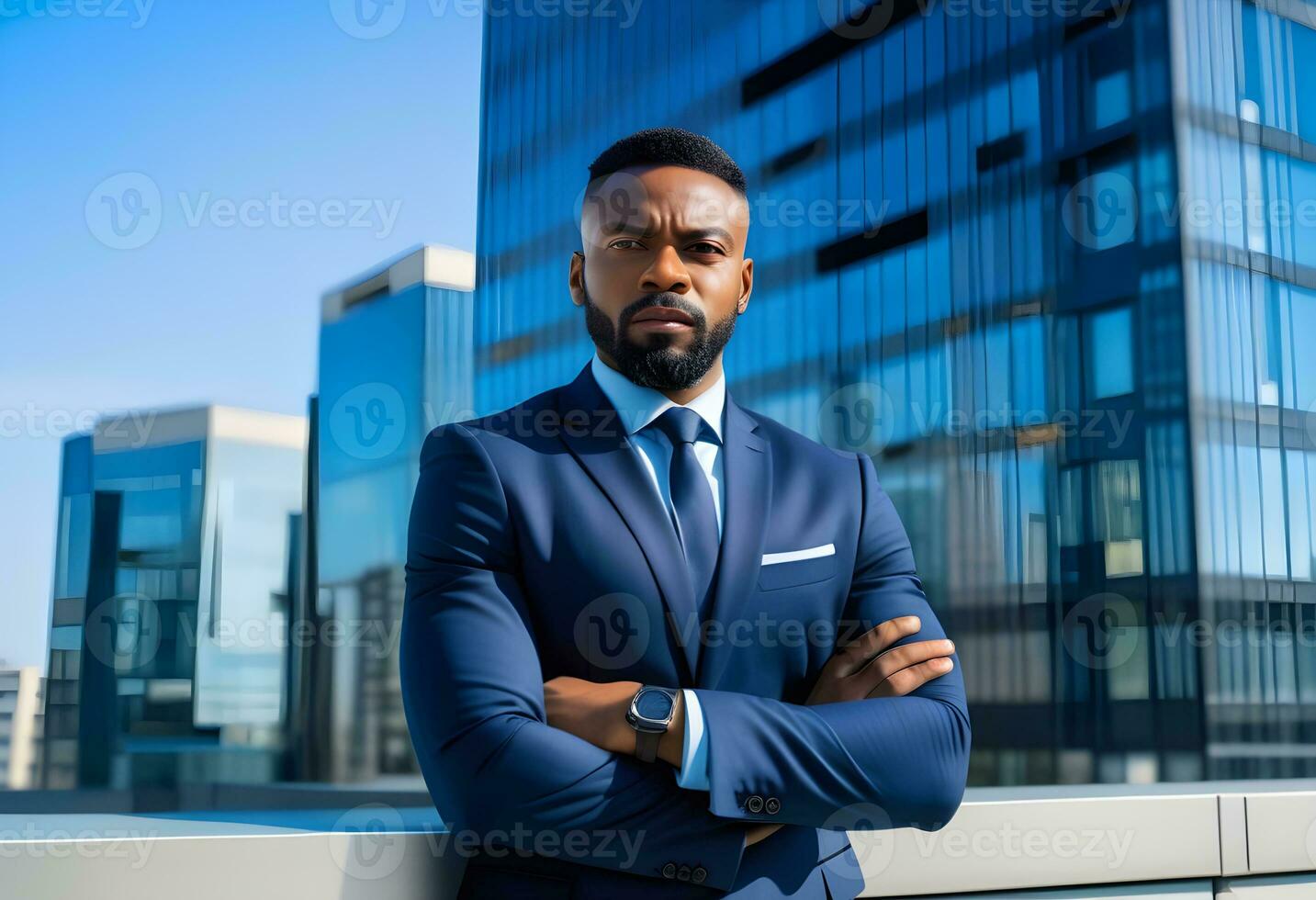 AI generated Confident black business man in a stylish suit standing photo