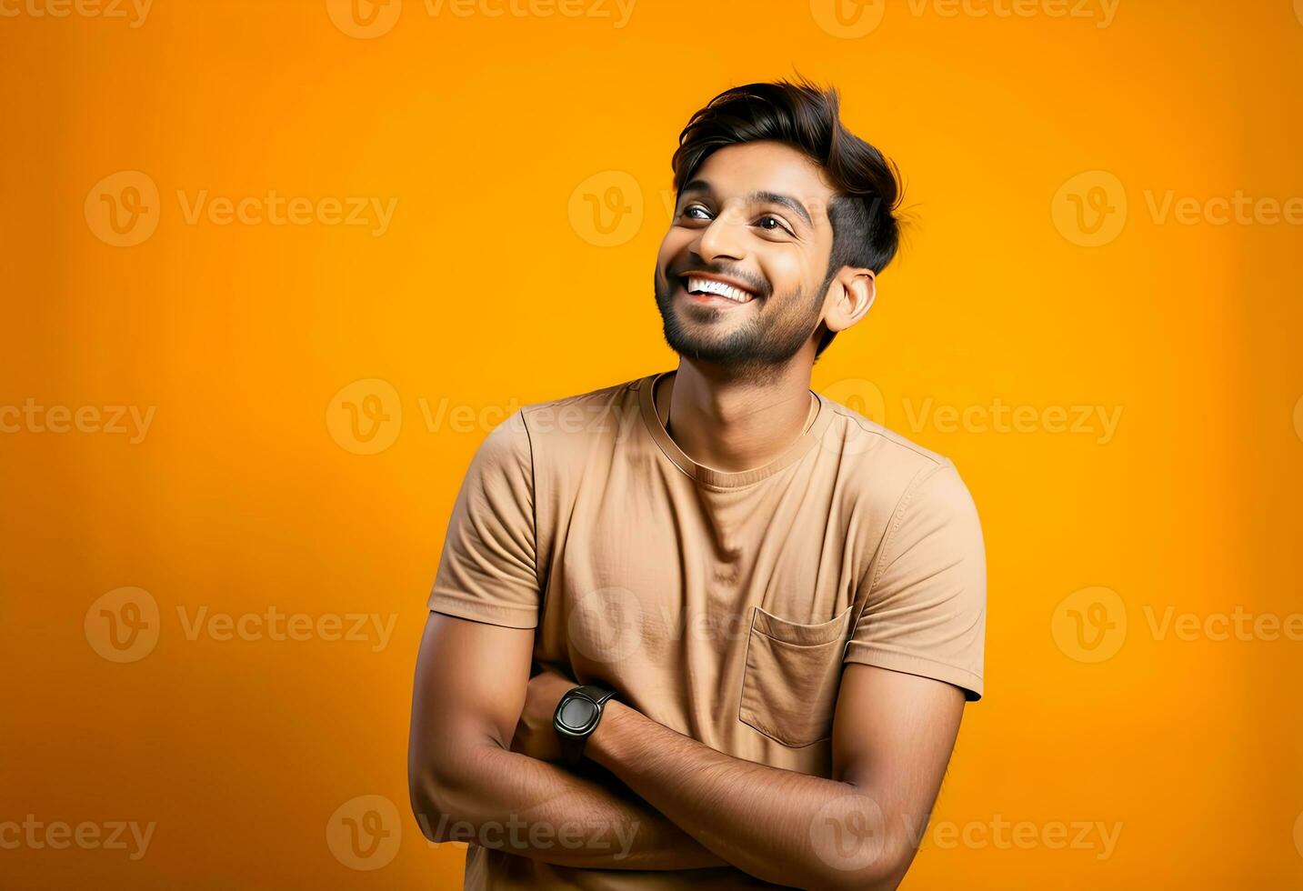 AI generated Happy joyful smiling young indian man looking aside up thinking photo