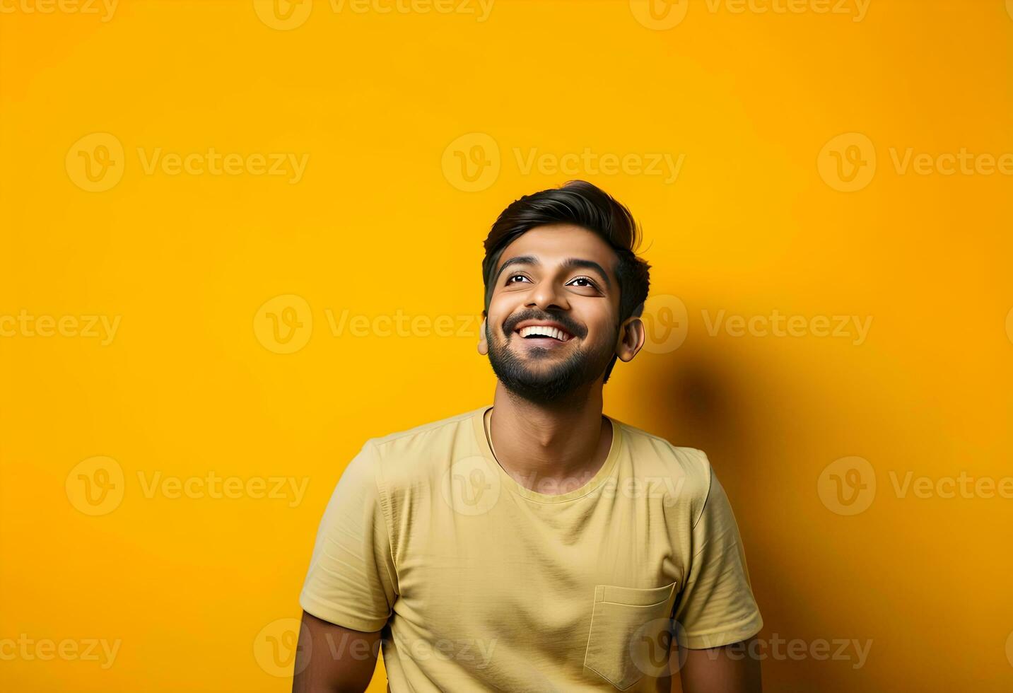 AI generated Happy joyful smiling young indian man looking aside up thinking photo