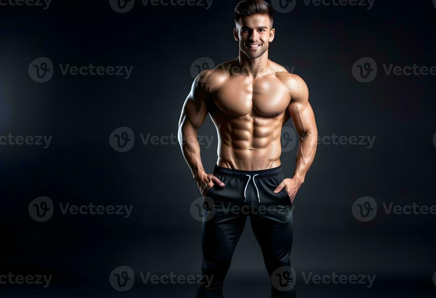 AI generated Man with a naked torso on a black background photo