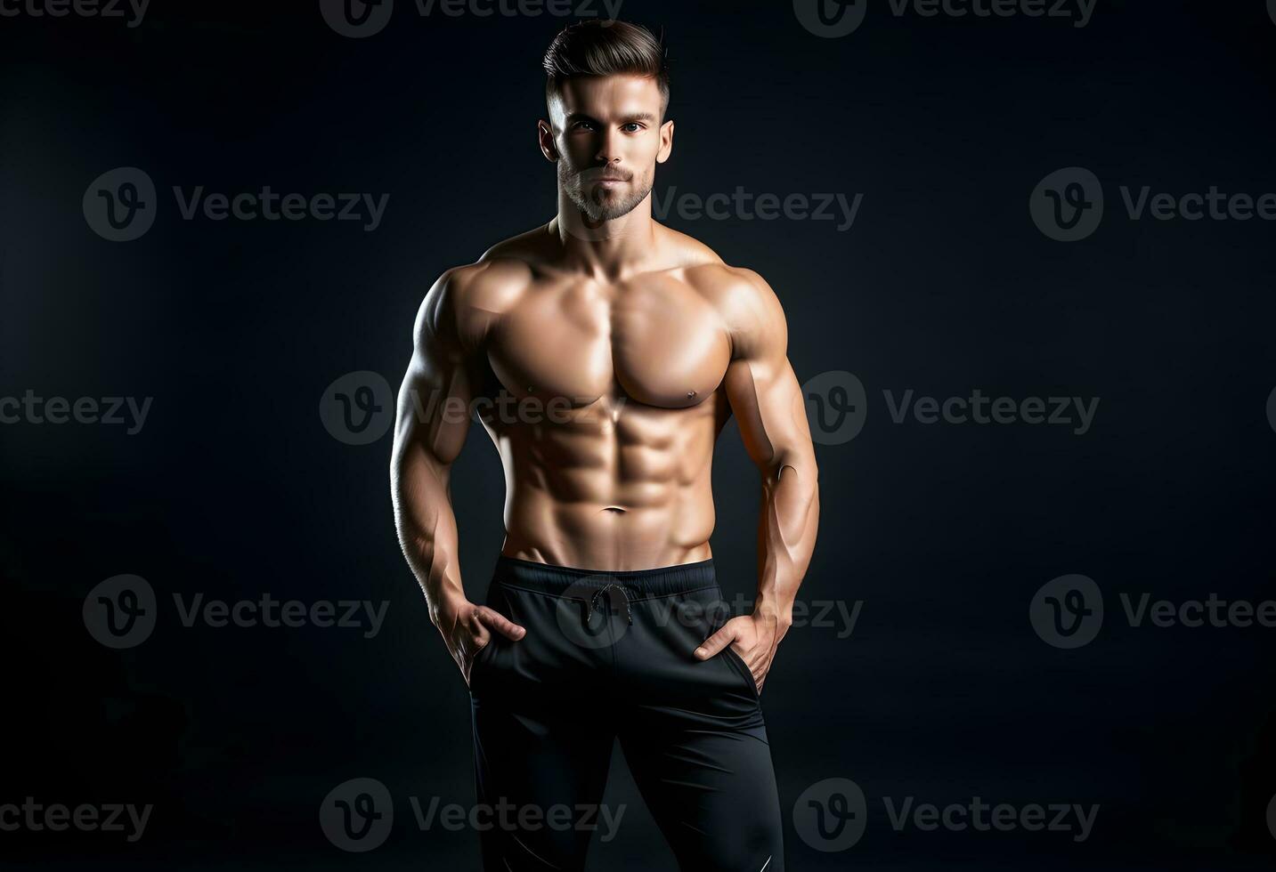 AI generated Slim muscular male model at black background. photo