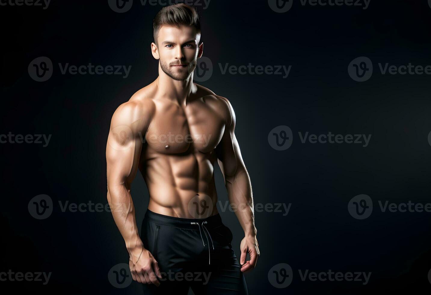 ai generado Delgado muscular masculino modelo a negro antecedentes. foto