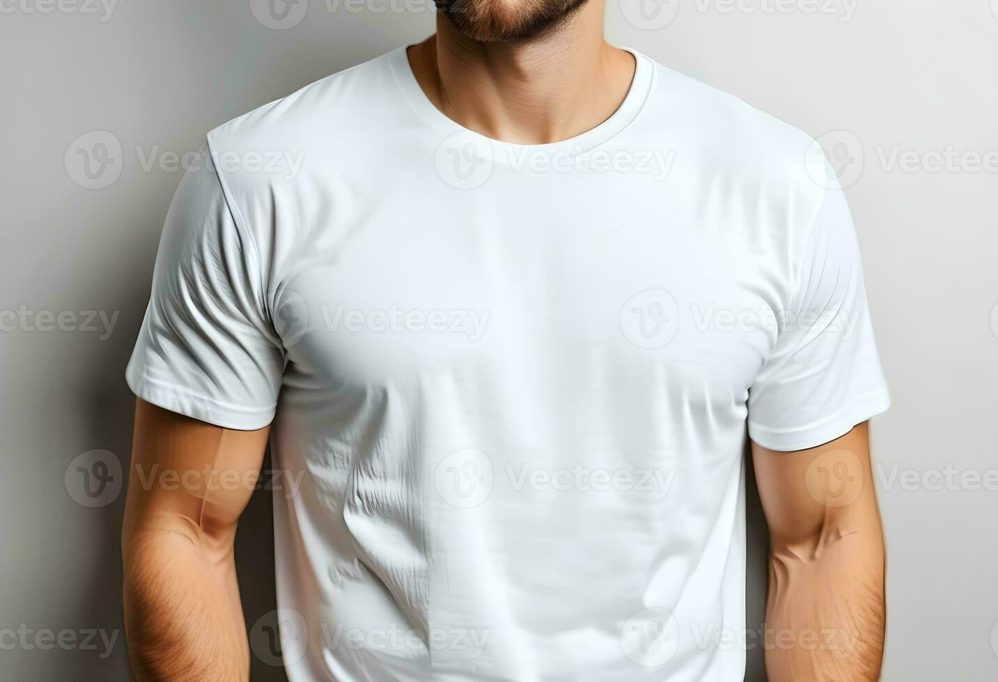 ai generado hombre vistiendo blanco camiseta en ligero gris foto