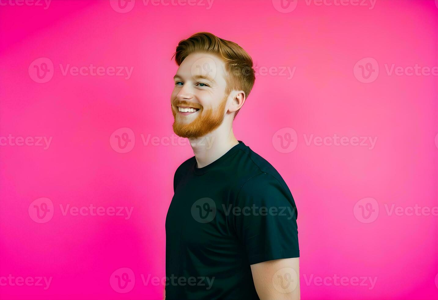 AI generated Positive young redhead male in black t shirt looking away photo