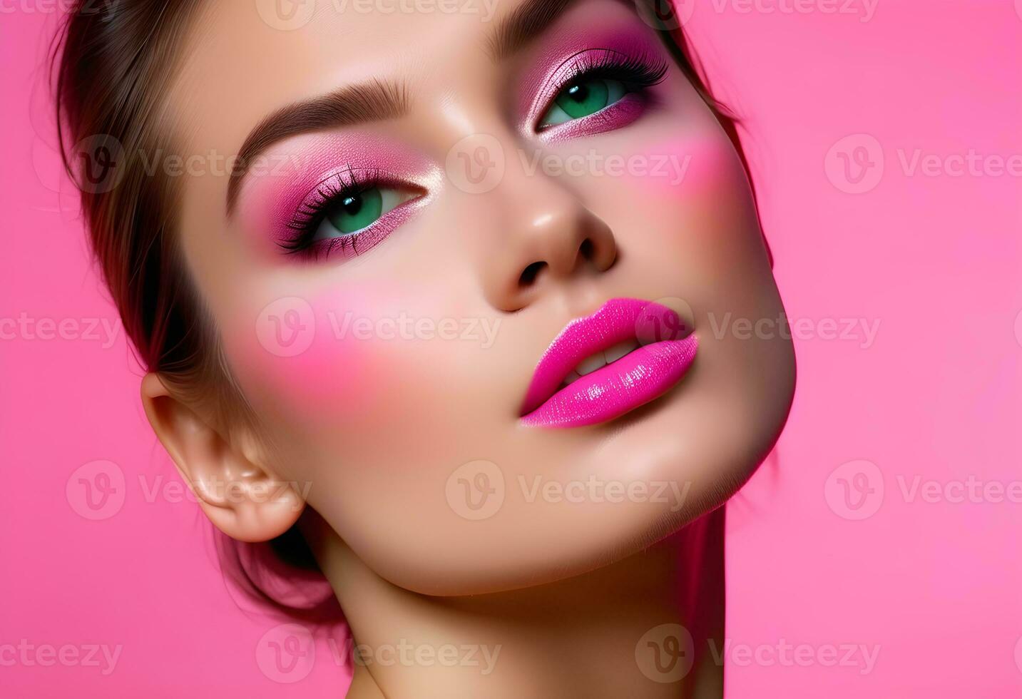 AI generated fashion portrait with pink and green. a beautiful glamor model photo