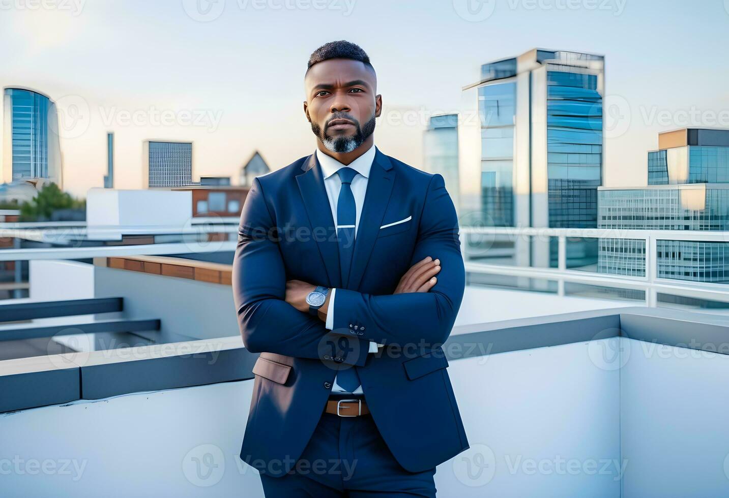 AI generated Confident black business man in a stylish suit standing photo