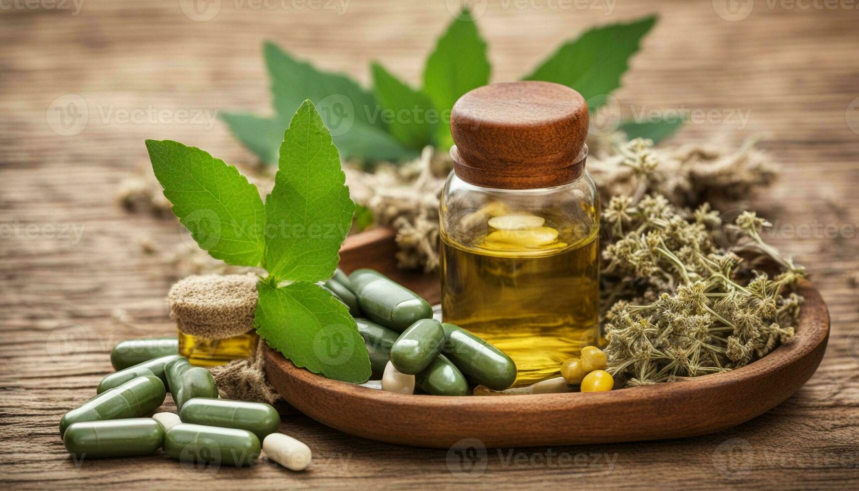 AI generated Alternative Medicine. Herbal capsule, Nutritional Supplement. photo