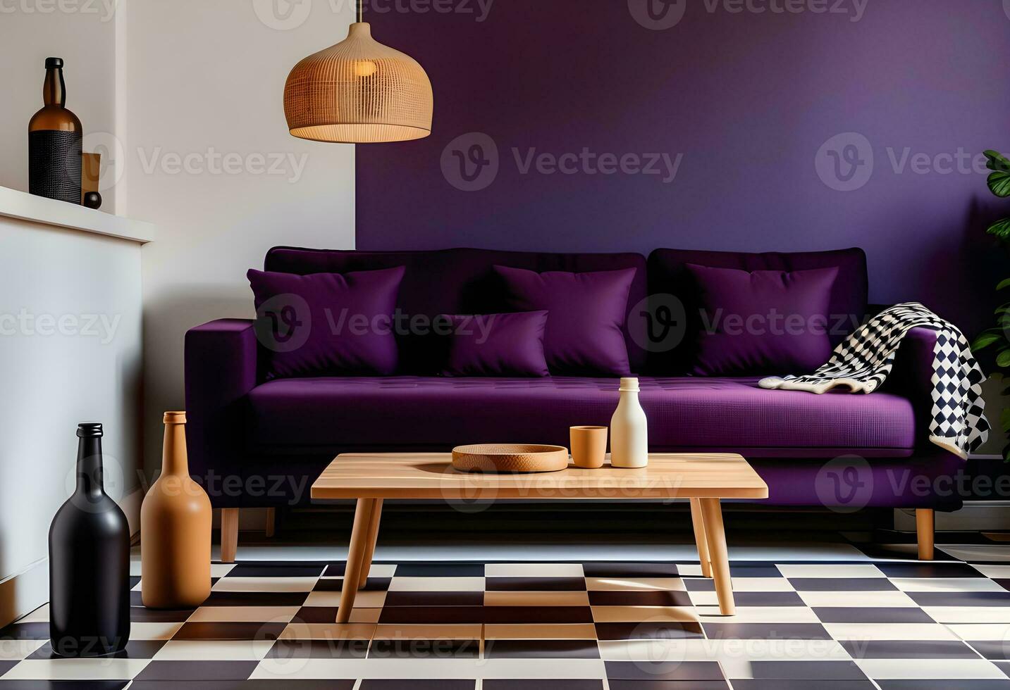 AI generated Dark purple sofa with a blanket beside a small table photo