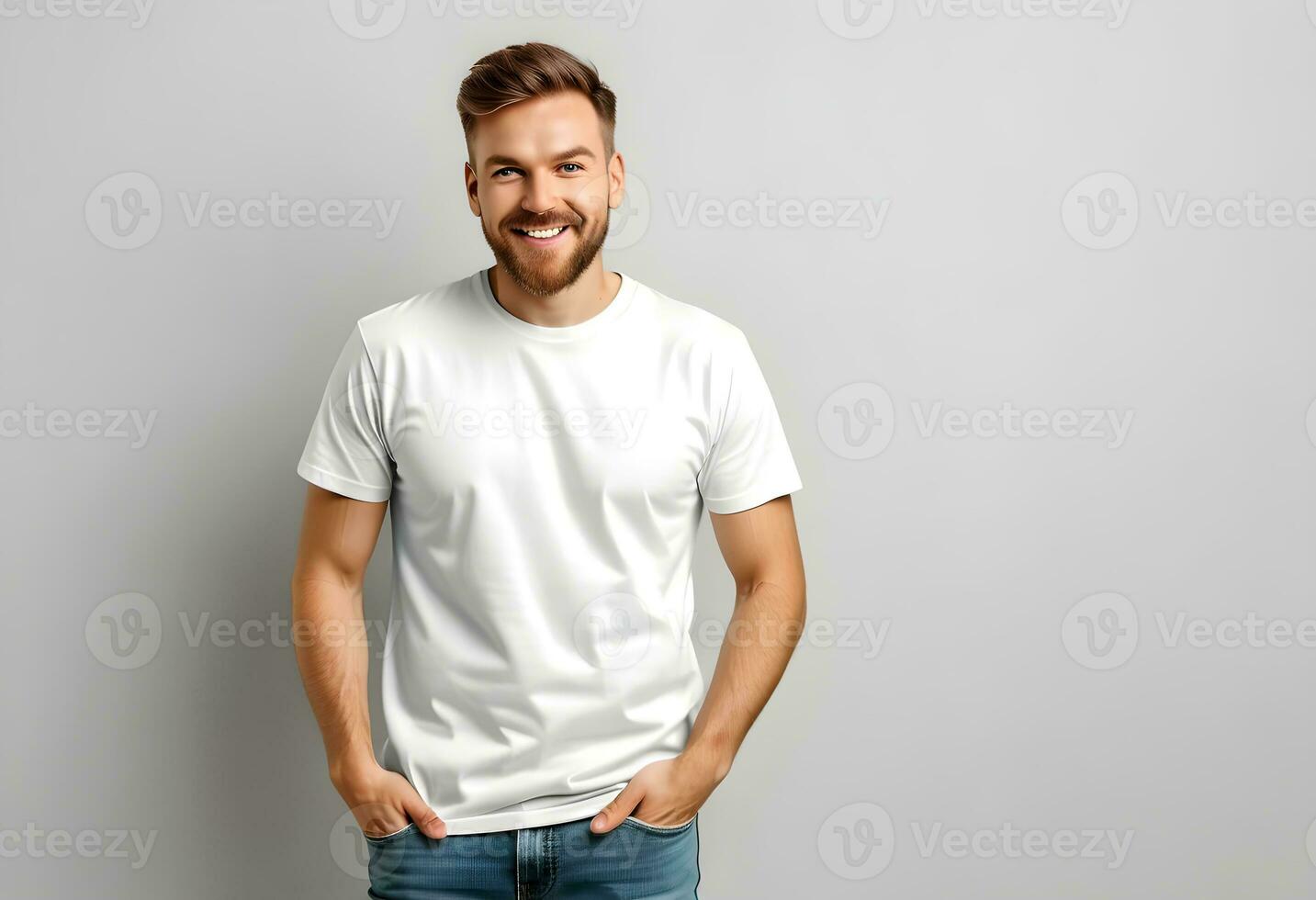 ai generado hombre vistiendo blanco camiseta en ligero gris foto