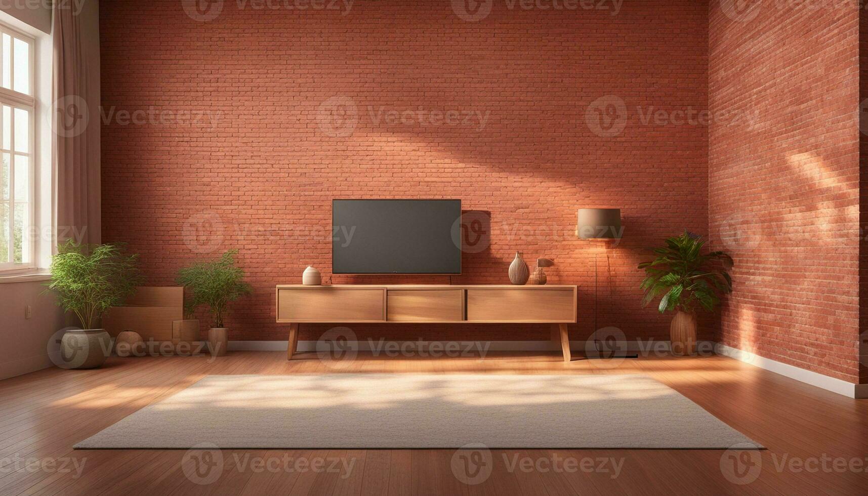 AI generated 3d render image of a warm red brick wall in the living room which has a wooden media cabinet and morning sun light shine through the window. Nobody, Minimal design, Contemporary, Pantone, photo
