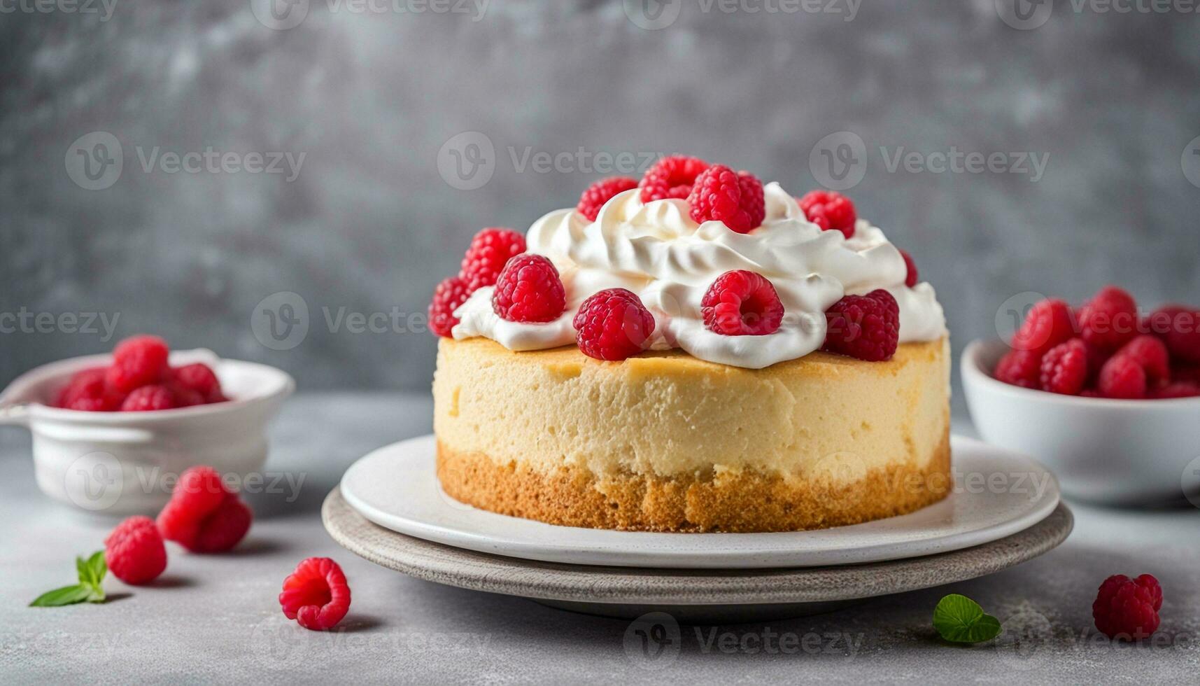 AI generated Tres leches cake with whipped cream and fresh raspberries on top of a gray concrete background. Traditional cake from Latin America. Copy space photo