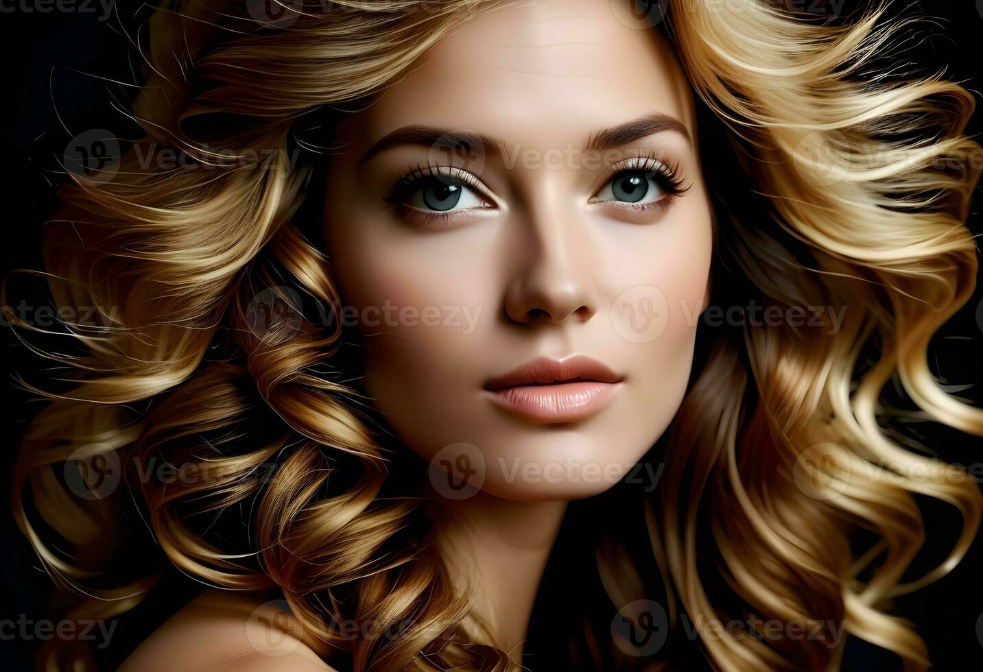 AI generated Vogue style close-up portrait of beautiful woman with long curly photo