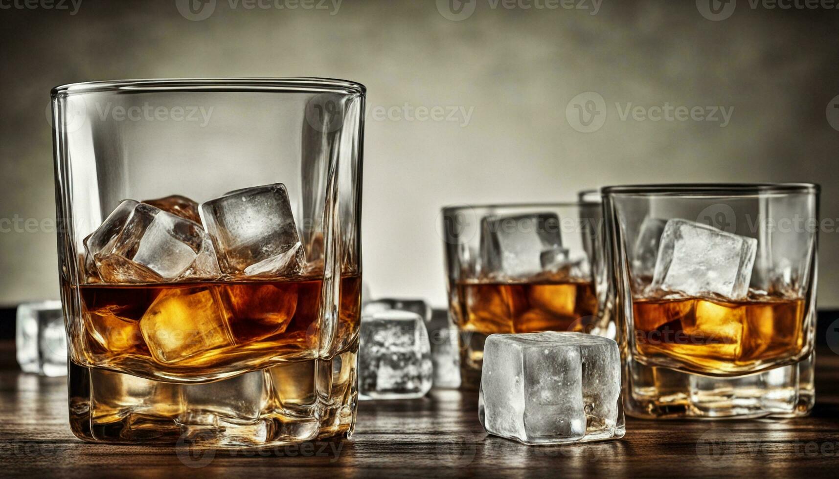 AI generated Glasses of whiskey with ice in a retro setting photo