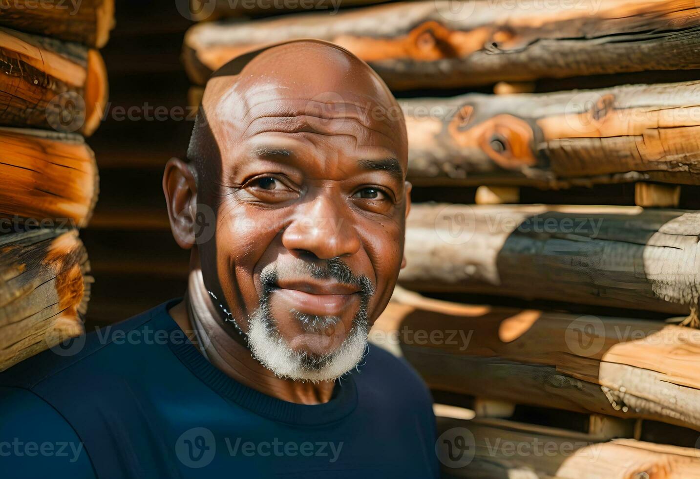 AI generated Close-up portrait of bald and bearded african american senior man in log cabin photo