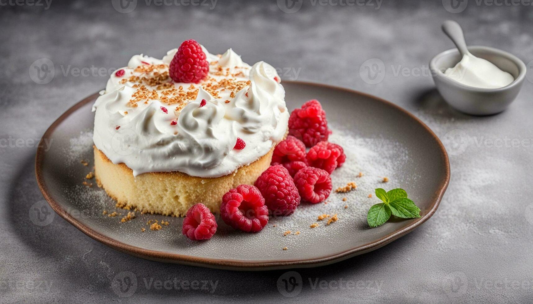 AI generated Tres leches cake with whipped cream and fresh raspberries on top of a gray concrete background. Traditional cake from Latin America. Copy space photo