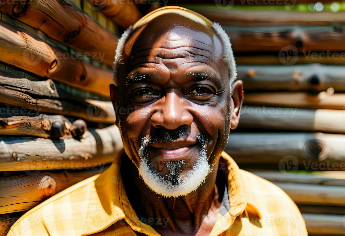 AI generated Close-up portrait of bald and bearded african american senior man in log cabin photo