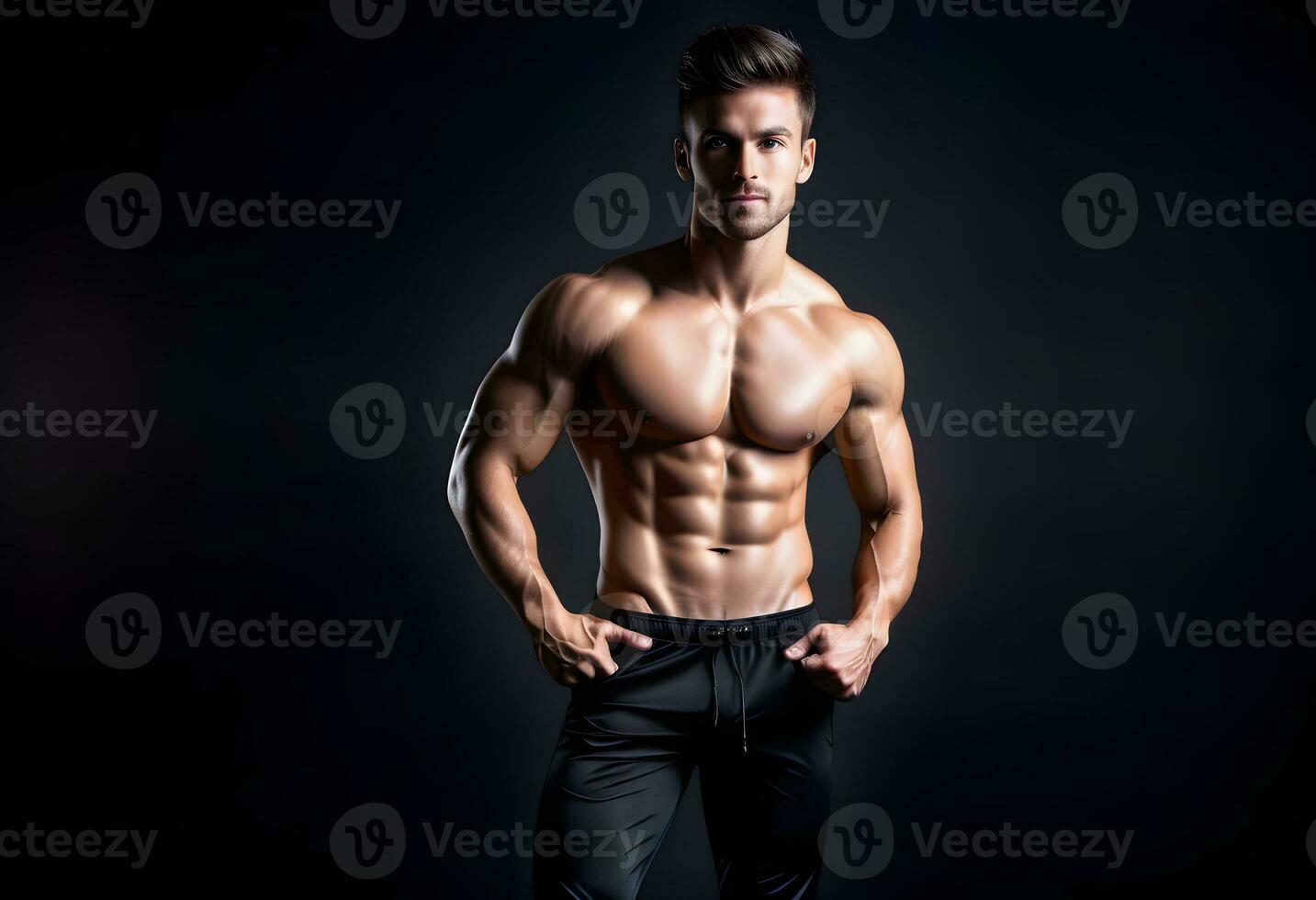 AI generated Slim muscular male model at black background. photo