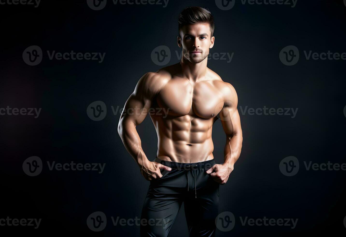 ai generado Delgado muscular masculino modelo a negro antecedentes. foto