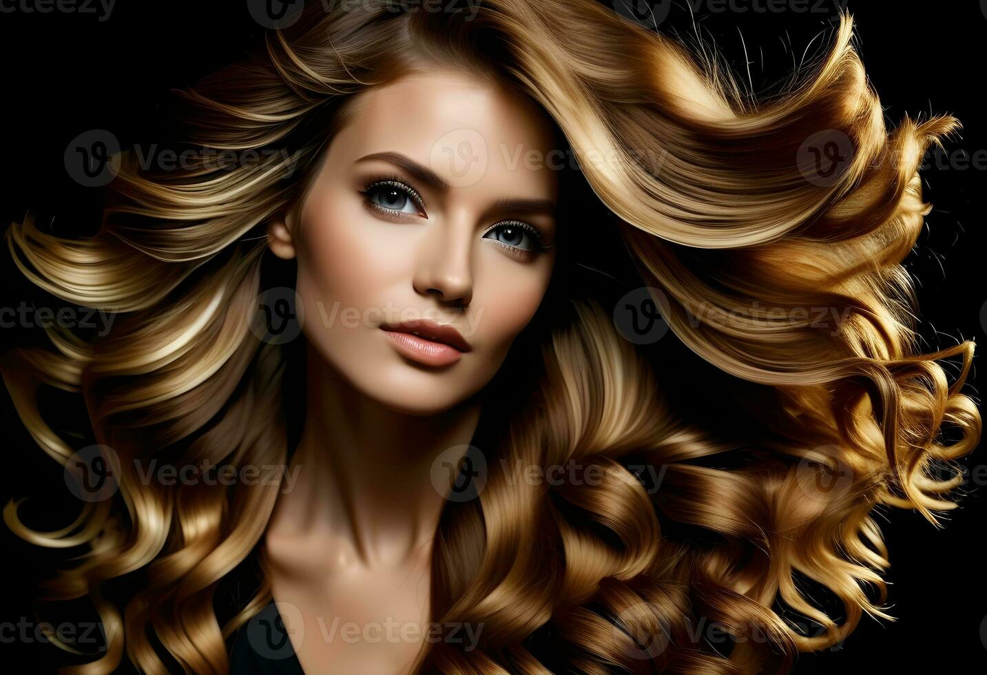 AI generated Vogue style close-up portrait of beautiful woman with long curly photo