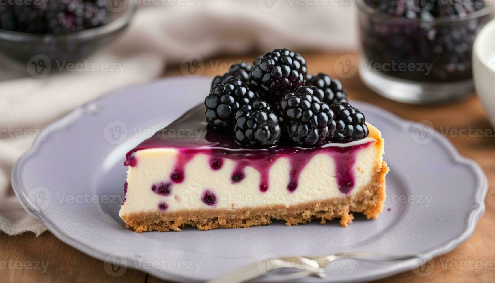 ai generado pedazo de delicioso tarta de queso decorado con moras en mesa foto