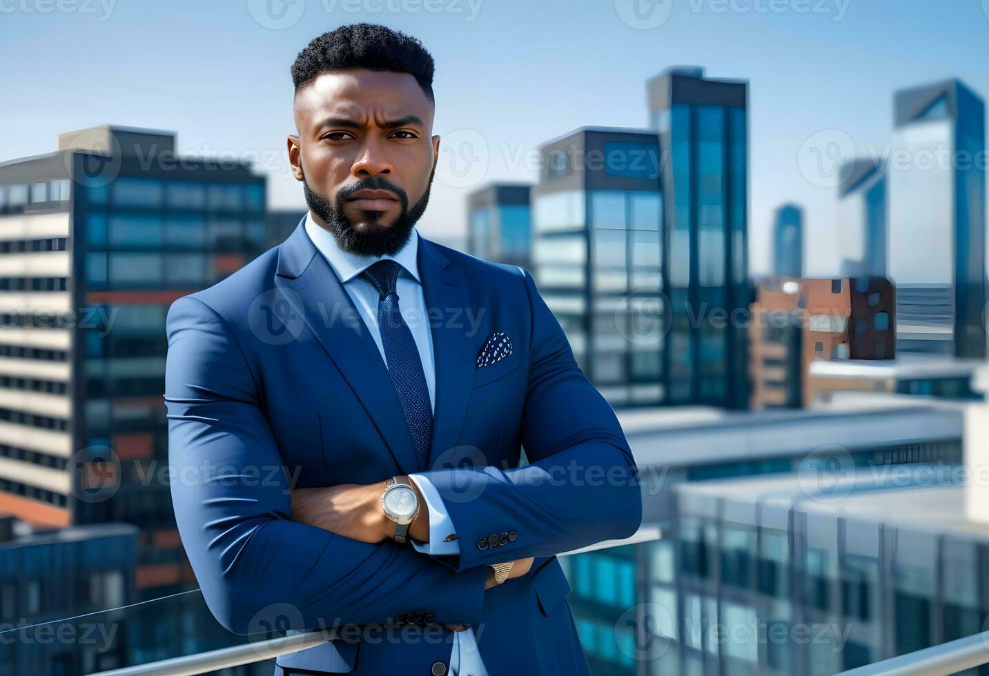 AI generated Confident black business man in a stylish suit standing photo