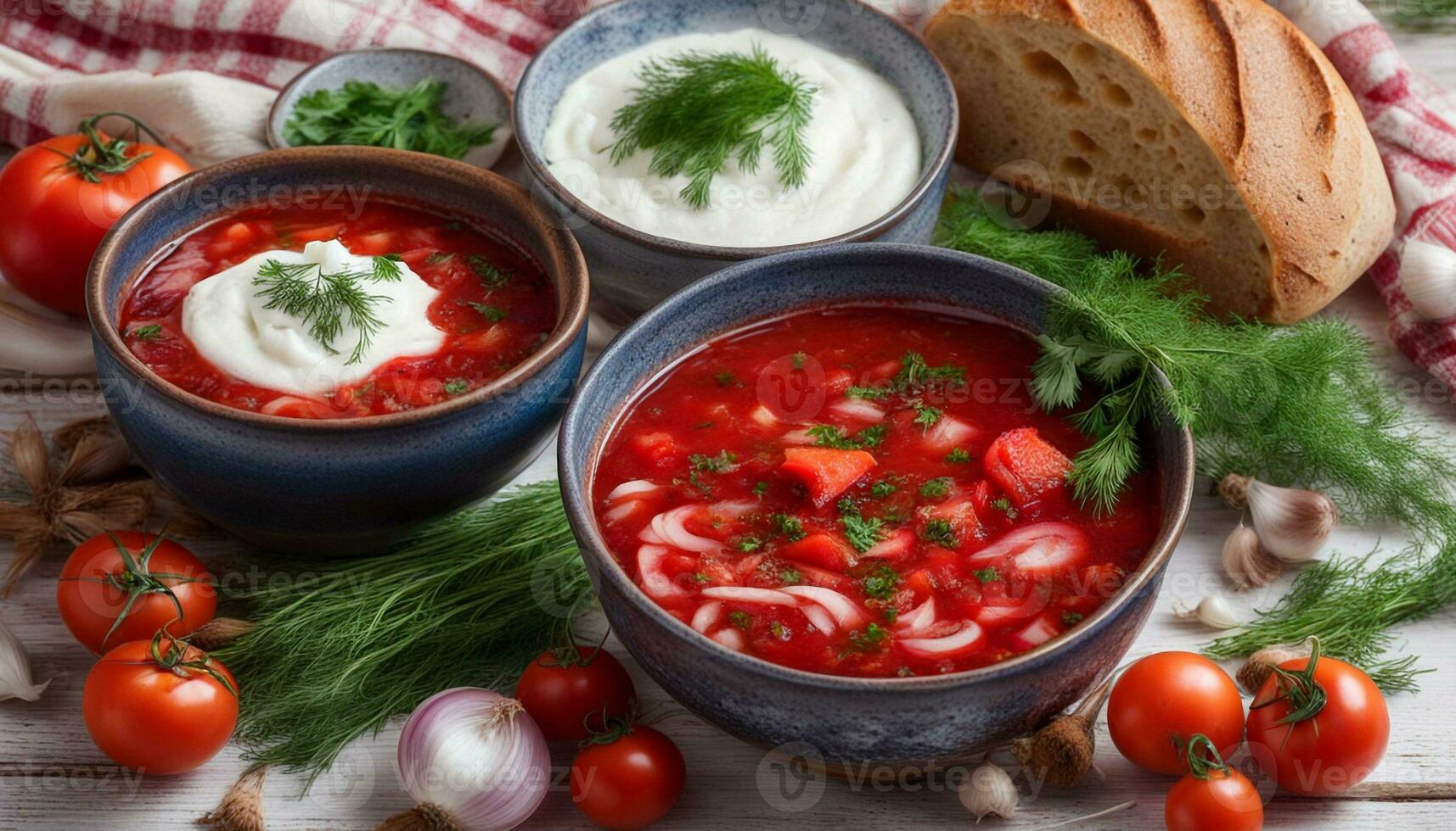 AI generated Two bowls of Ukrainian borscht on embroidered napkins, bread, sour cream, spices, onions, garlic photo