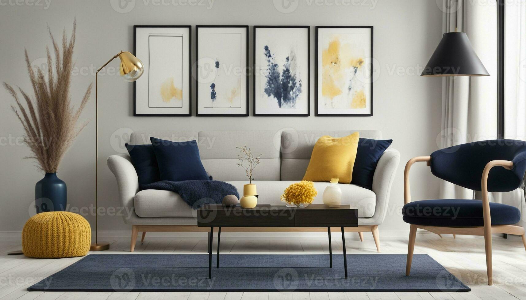 AI generated Interior design of cozy living room with mock up poster frame, glass sideboard, yellow lamp, navy pouf, carpet, black armchair, vase with dried flowers and personal accessories. photo