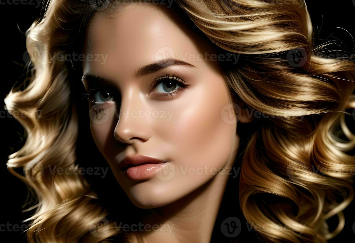 AI generated Vogue style close-up portrait of beautiful woman with long curly photo