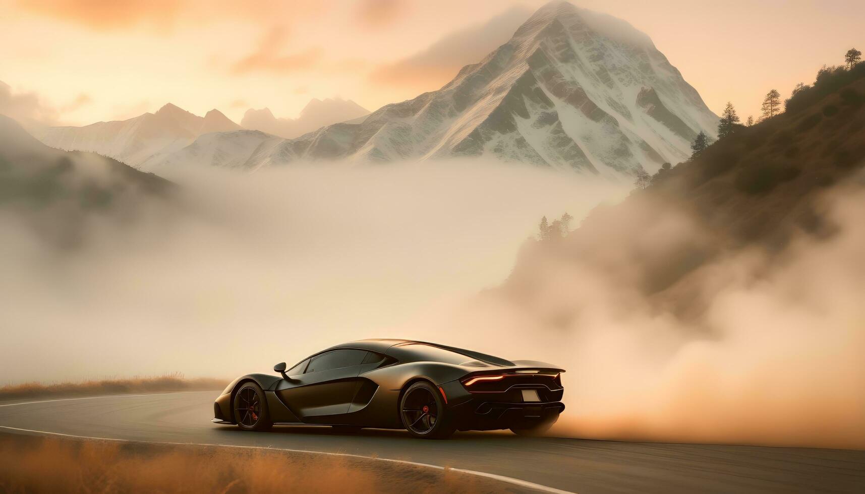 AI generated A matte black supercar emerges from a swirling fog bank, its sleek silhouette outlined against a dramatic mountain backdrop. photo