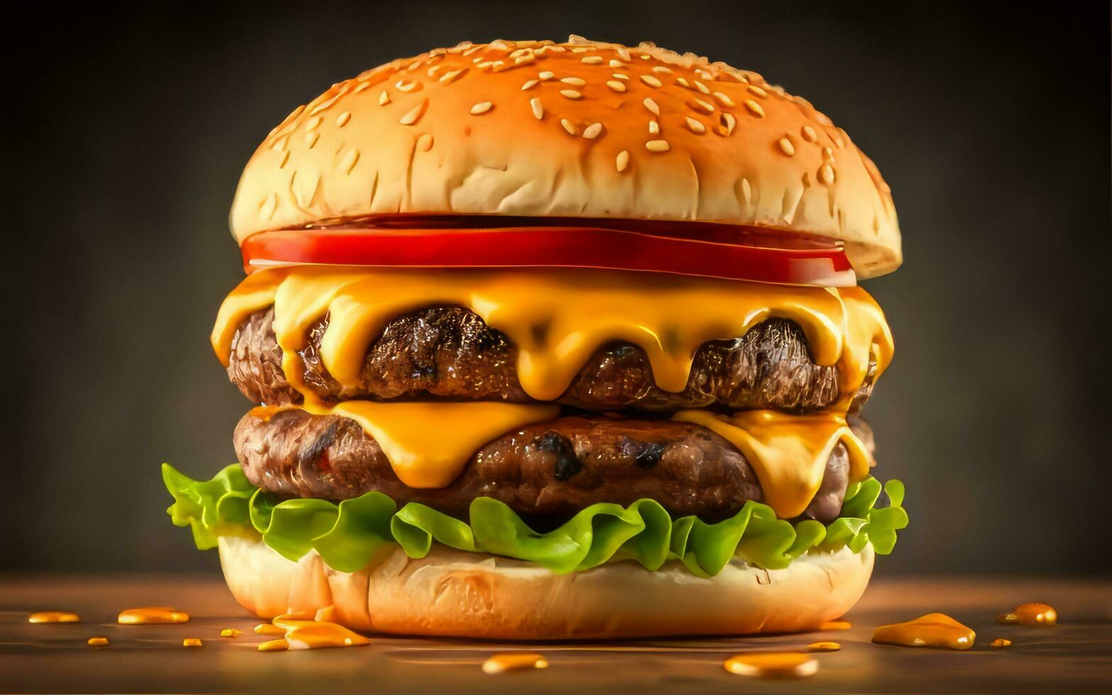 AI generated A mouthwatering close-up of a gourmet burger with dripping cheese on white background photo