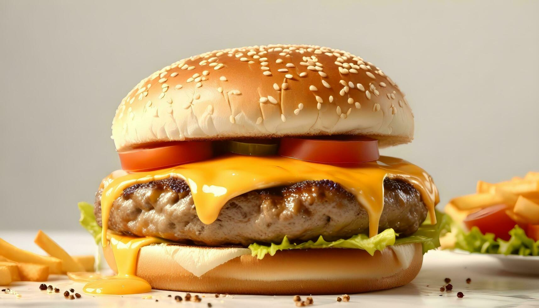 ai generado un Agua en la boca de cerca de un gastrónomo hamburguesa con goteo queso en blanco antecedentes foto