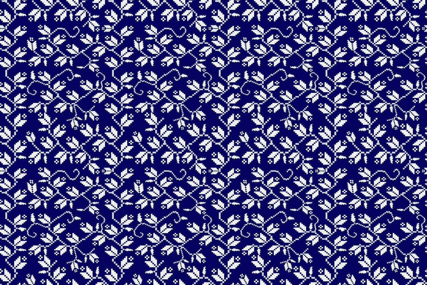White Plants Ditzy Pixel Art Seamless Pattern on Dark Blue Background.  Vector design for fabric, tile, carpet, embroidery, wallpaper, and background