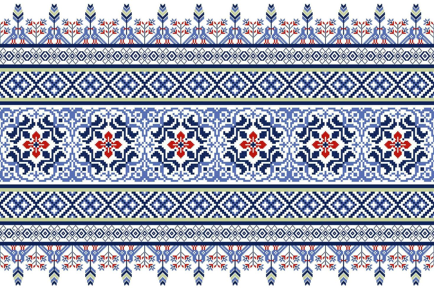 Ethnic Floral Seamless Pattern in Pixel Art Style.  Vector design for fabric, carpet, tile, embroidery, wrapping, wallpaper, and background