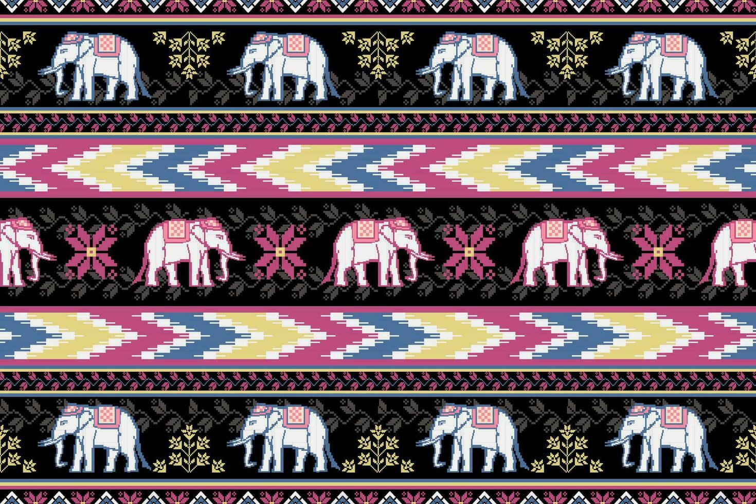 tradicional tailandés elefante píxel Arte étnico modelo. vector sin costura modelo diseño para tela, alfombra, ropa, bordado, fondo, y fondo de pantalla