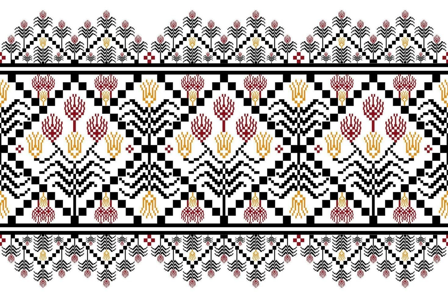 Traditional Flower pixel art seamless pattern.  Vector Design for fabric, tile, embroidery, carpet, background, and wallpaper.