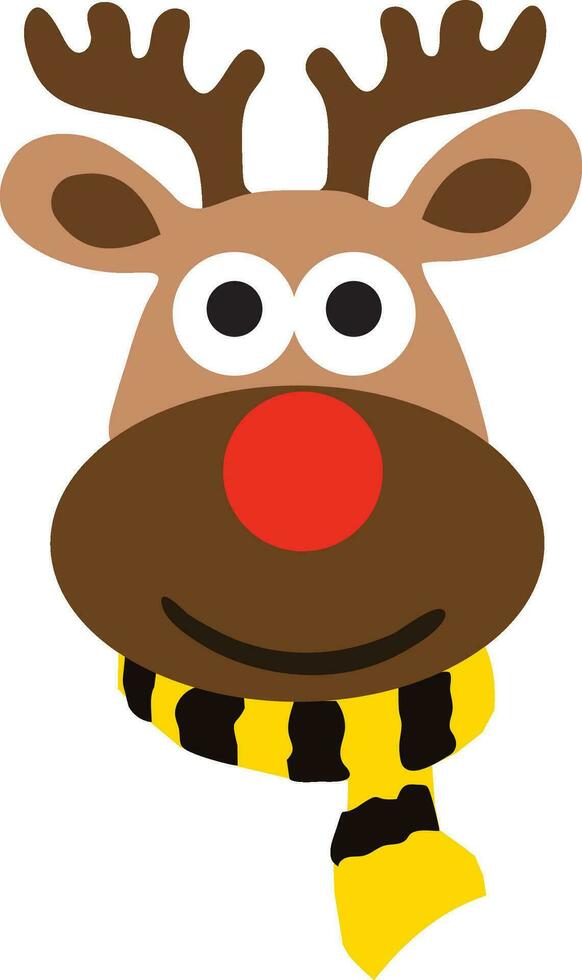 The Christmas reindeer in brown with a yellow scarf. Christmas time. Reindeer logo with red nose and antlers on white background. vector