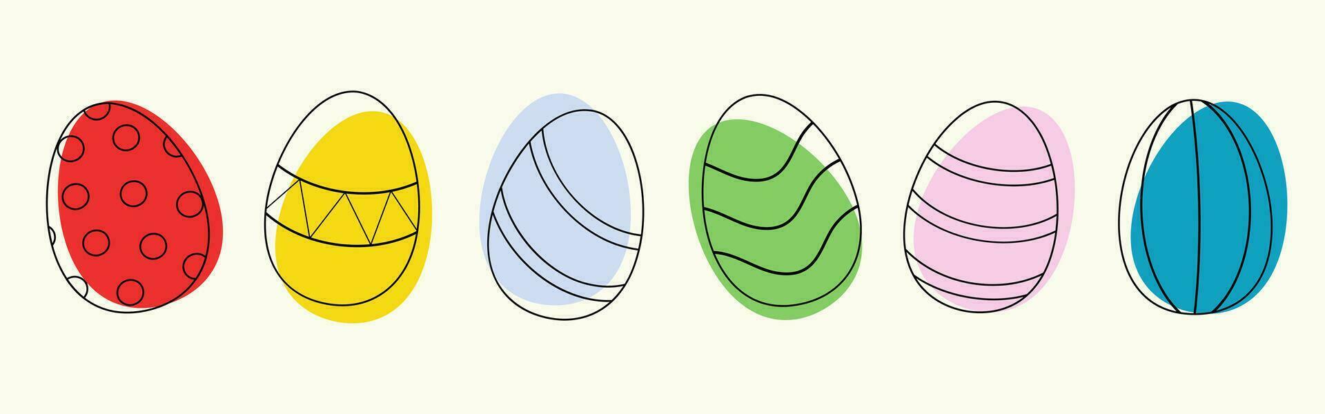 Set of easter eggs isolated on yellow background. Easter colorful design. Flat minimalistic vector illustration. Lineart, boho style.