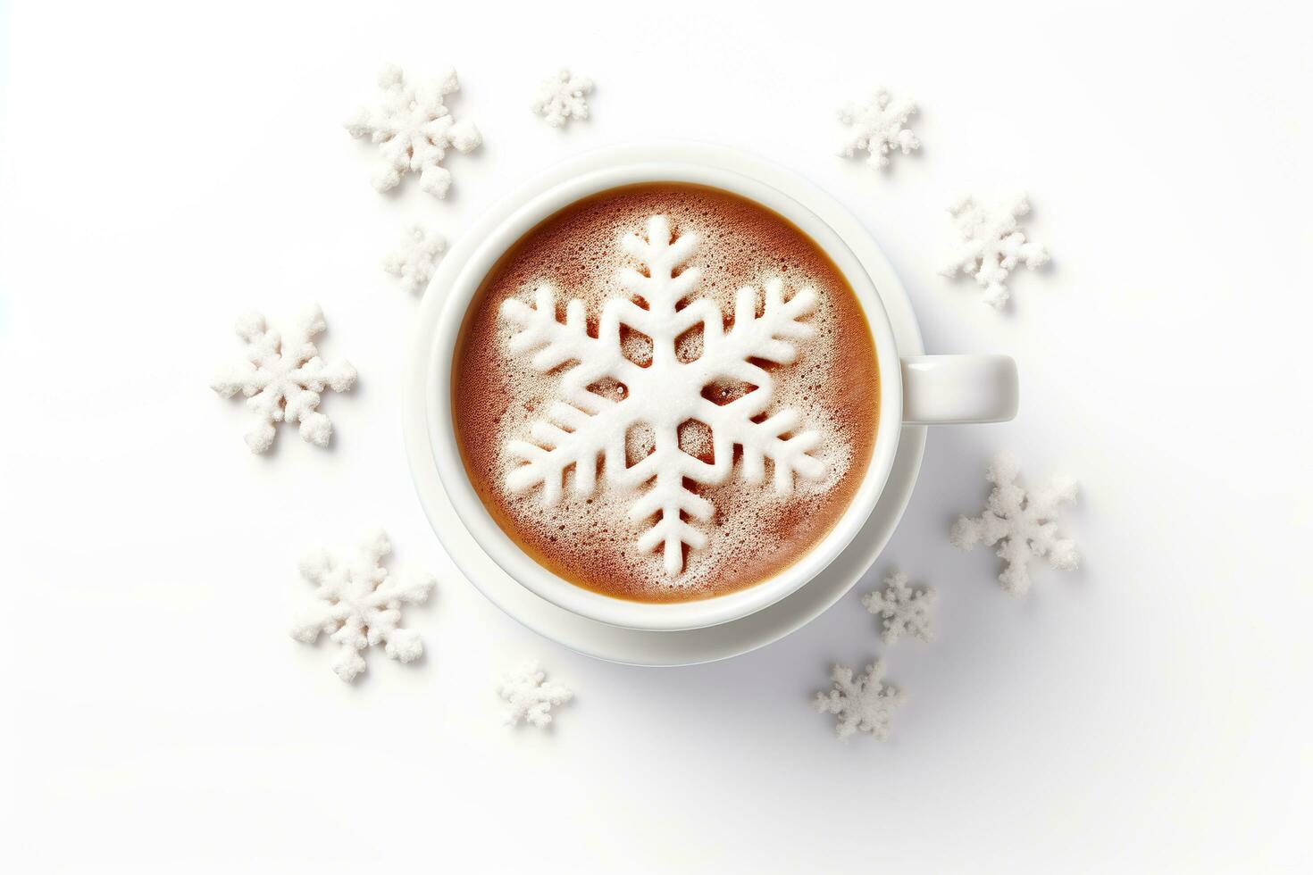 AI generated Cup of coffee with snowflakes on white background, top view. photo