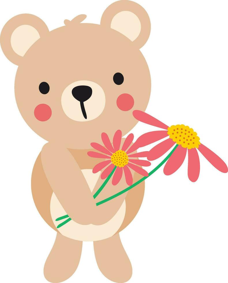 Cute teddy bear holding a beautiful flowers vector