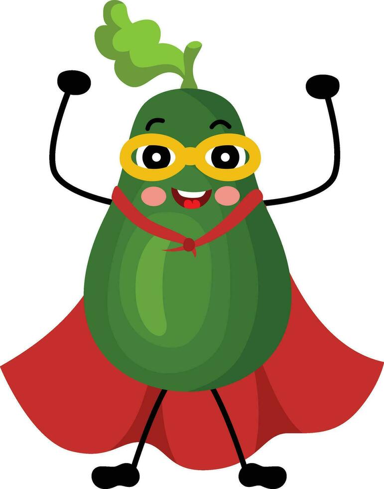 gracioso aguacate mascota en tradicional disfraz de superhéroe vector