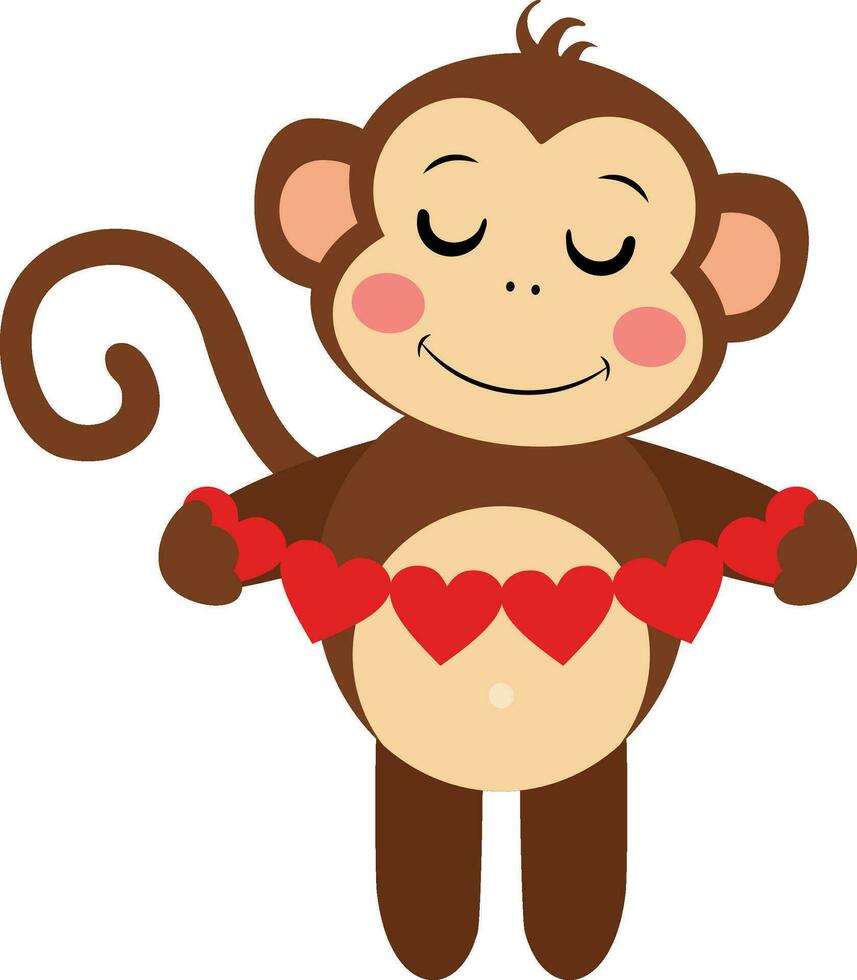 Adorable monkey holding a red heart flag garland vector