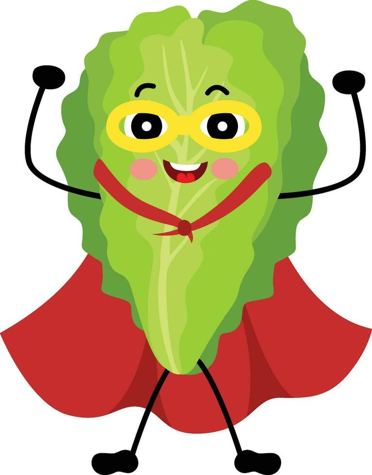 Cute green lettuce mascot in traditional costume of superhero vector