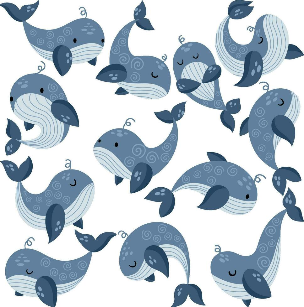 Set of different whale digital elements vector