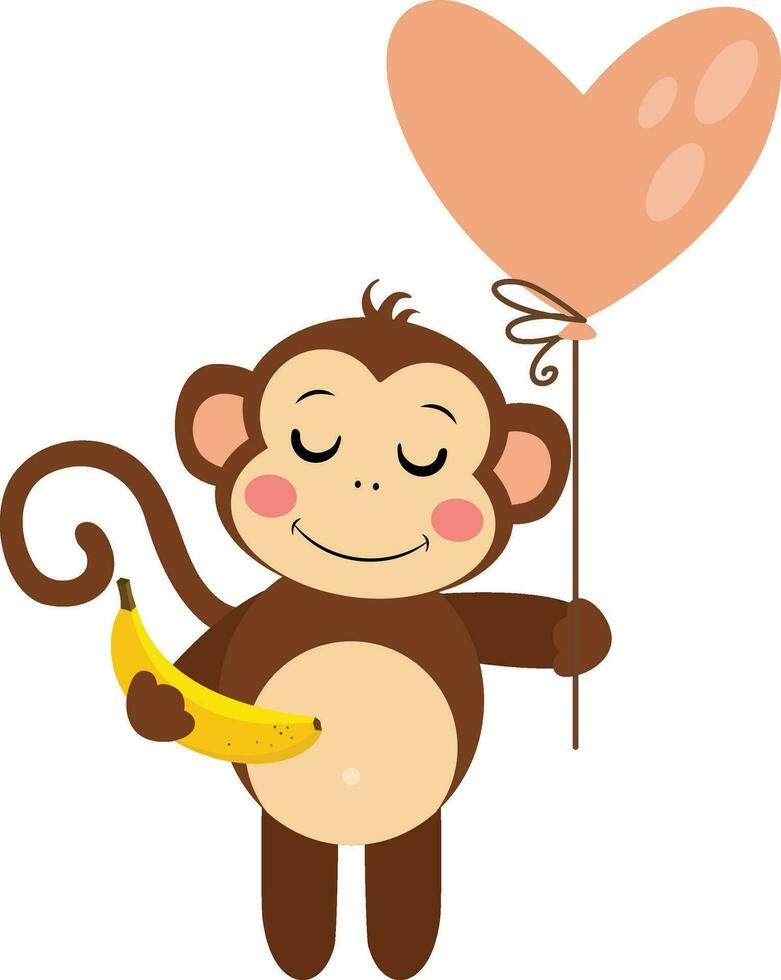 Cute monkey holding a heart balloon and a banana vector