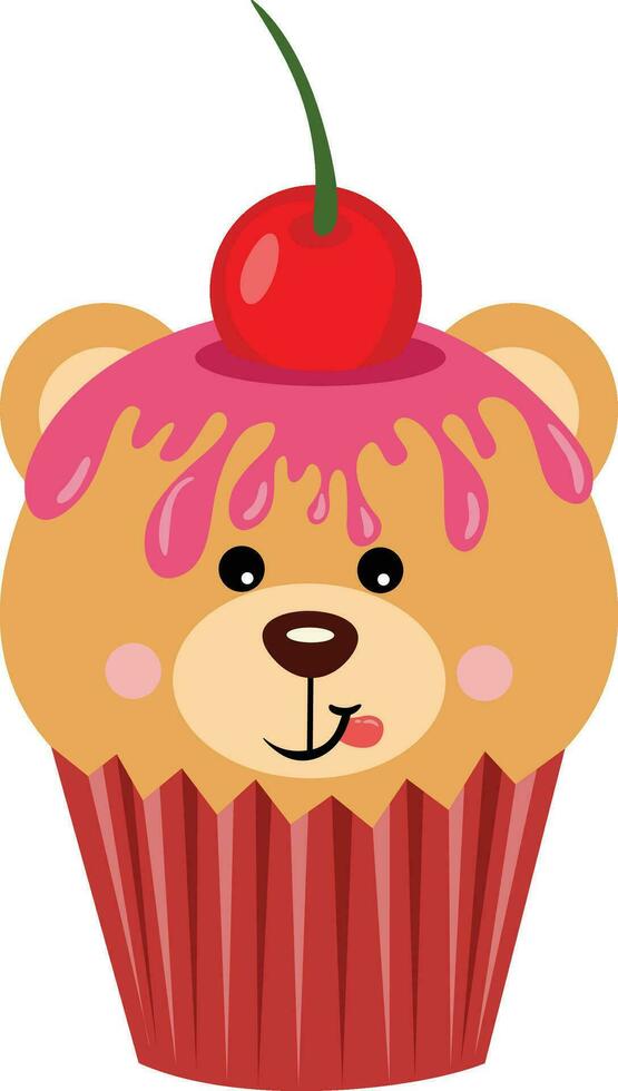 Cute teddy bear on top of a delicious cupcake vector