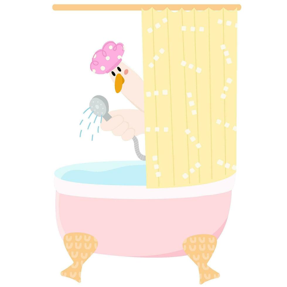 Cute goose in shower cap take a shower.  Wash your worries away. Used for greeting card, and poster design. vector