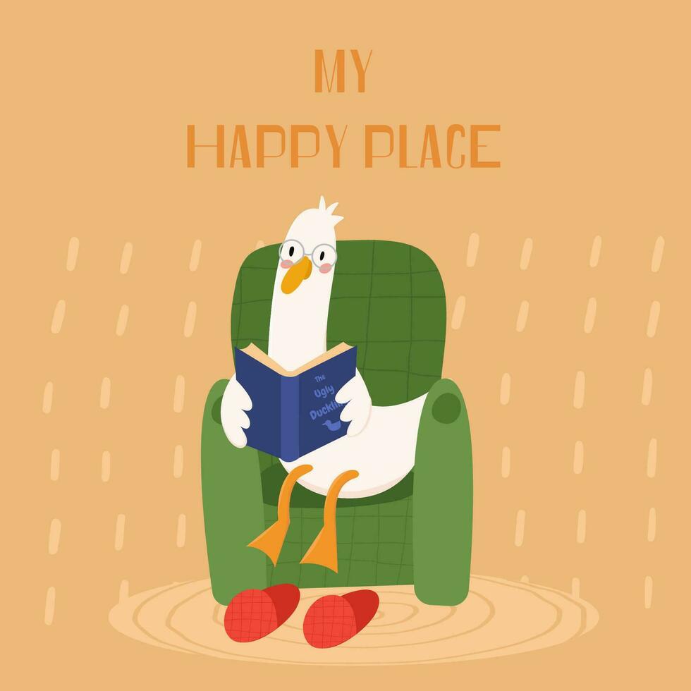 Cute goose sitting in an armchair and read a book.  My happy place. Used for greeting card, and poster design. vector