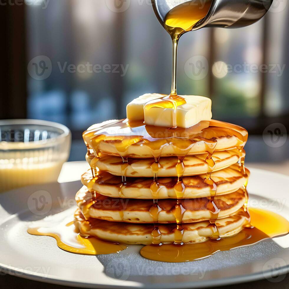 AI generated Fluffy pancakes butter photo