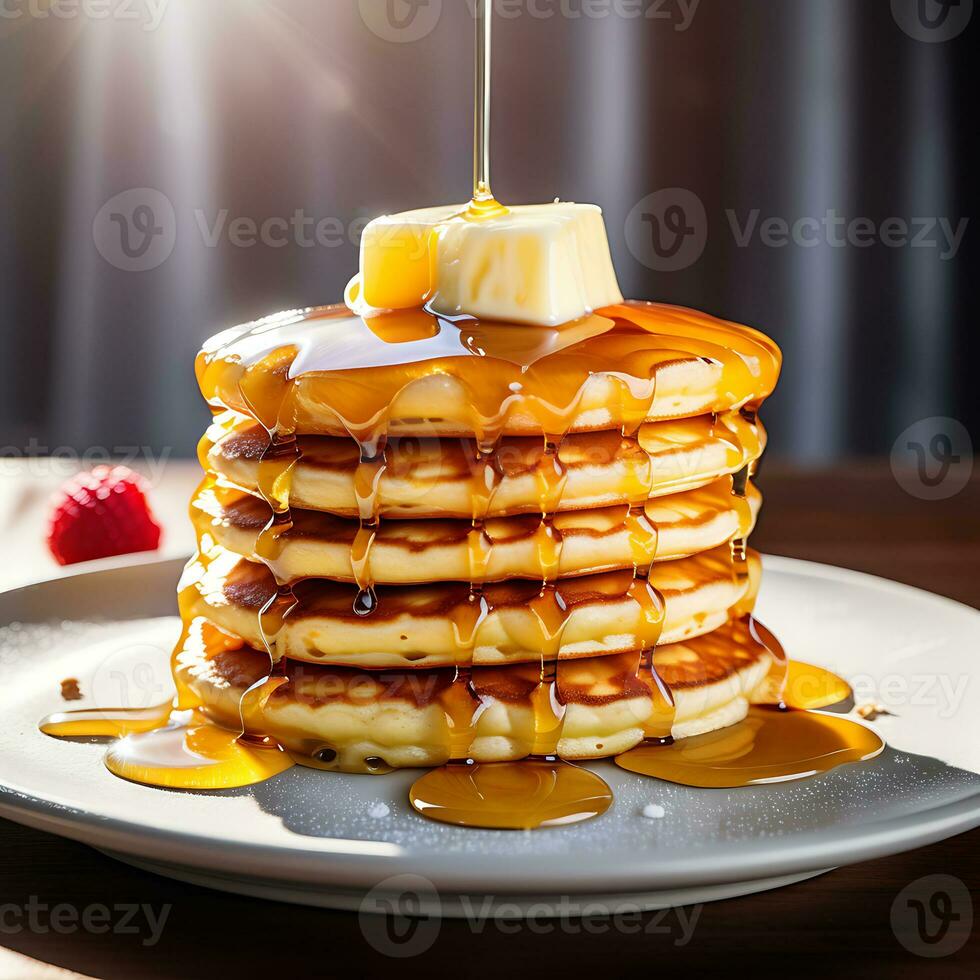 AI generated Fluffy pancakes syrup and butter photo