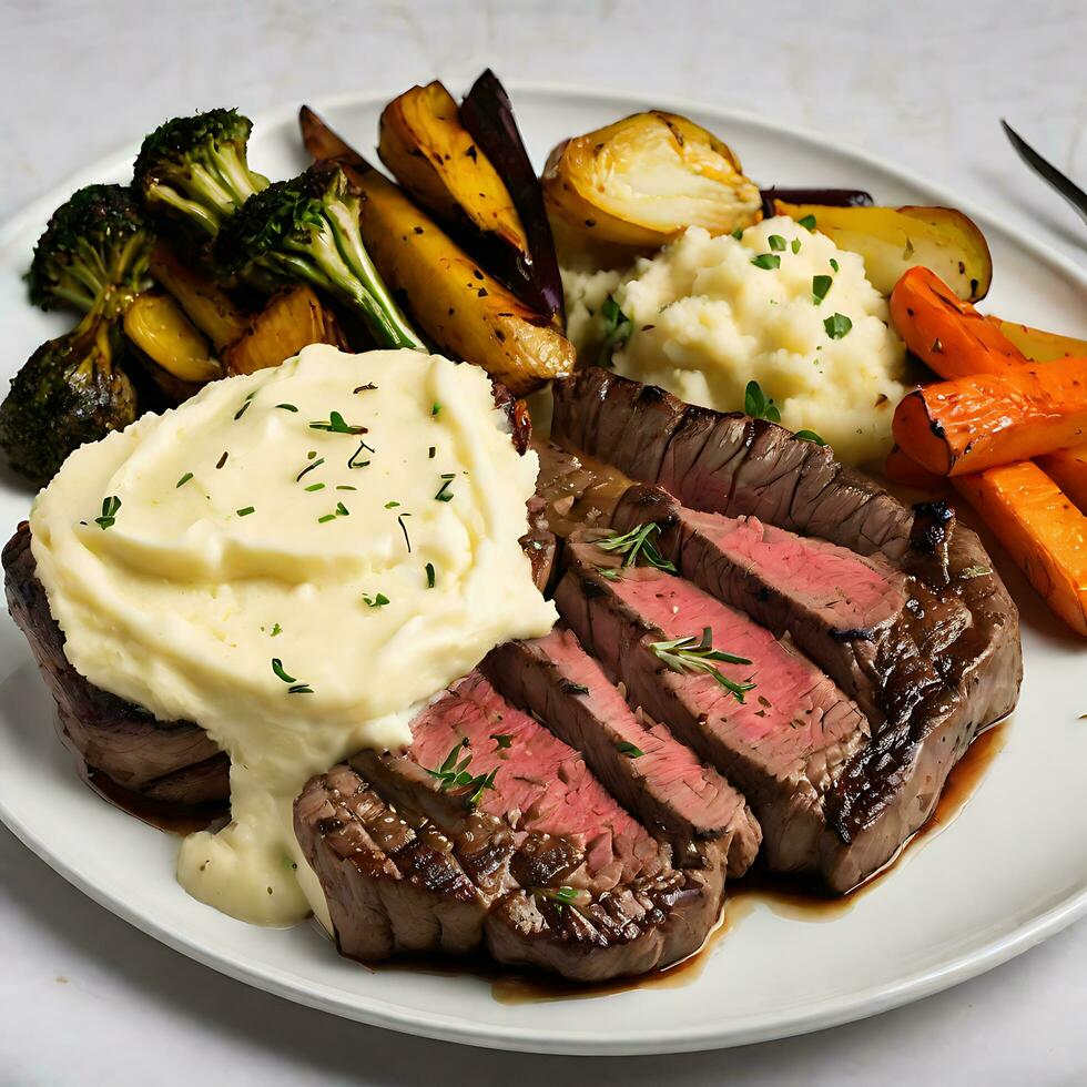 ai generado cocido filete con asado verduras y machacado patatas foto